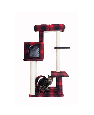 Armarkat B5008 50-Inch Classic Real Wood Cat Tree With Veranda, Bench, Mini perch, and Spacious Lounger In Scotch Plaid