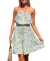 Cupshe Women's Blue Floral Mini Tube Top Beach Dress