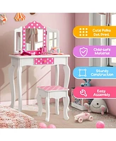 Gouun Kids Vanity Table and Stool Set with Cute Polka Dot Print