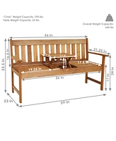 Sunnydaze Decor Meranti Wood Outdoor Patio Bench with Built-In Pop-Up Table - Teak Oil Finish - 60-Inch