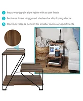 21-Inch H 3-Tier Steel Side Table with Shelves with Faux Woodgrain Tabletops - For Living Room or Office - Brown