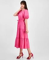 Anne Klein Petite Tiered Puff-Sleeve Split-Neck Midi Dress