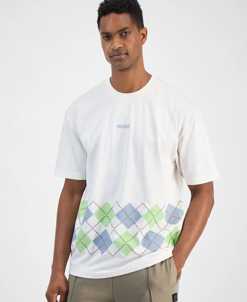 Hugo Boss Men's Dulapo Oversized Short Sleeve Crewneck Argyle T-Shirt