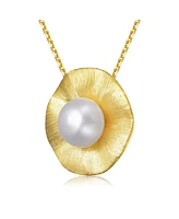 Genevive Sterling Silver 14K Gold Plated with Genuine Freshwater Pearl Curvy Pendant Necklace