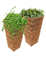 Hyacinth 11" Tall Square Outdoor Planter - Set of 2 Poly-Wicker Planters with Plastic Inlay Fog