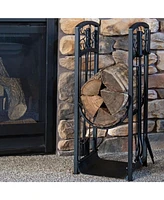 Sunnydaze Decor Small Firewood Rack with 4-Piece Fireplace Tool Set - Includes Firewood Holder, Log Grabber, Brush, Shovel, and Poker - Black