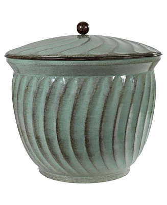 Metal Garden Hose Holder Pot with Lid - Uv-Resistant Hose Pot - Sage Glaze Finish - 145-Foot Garden Hose Container