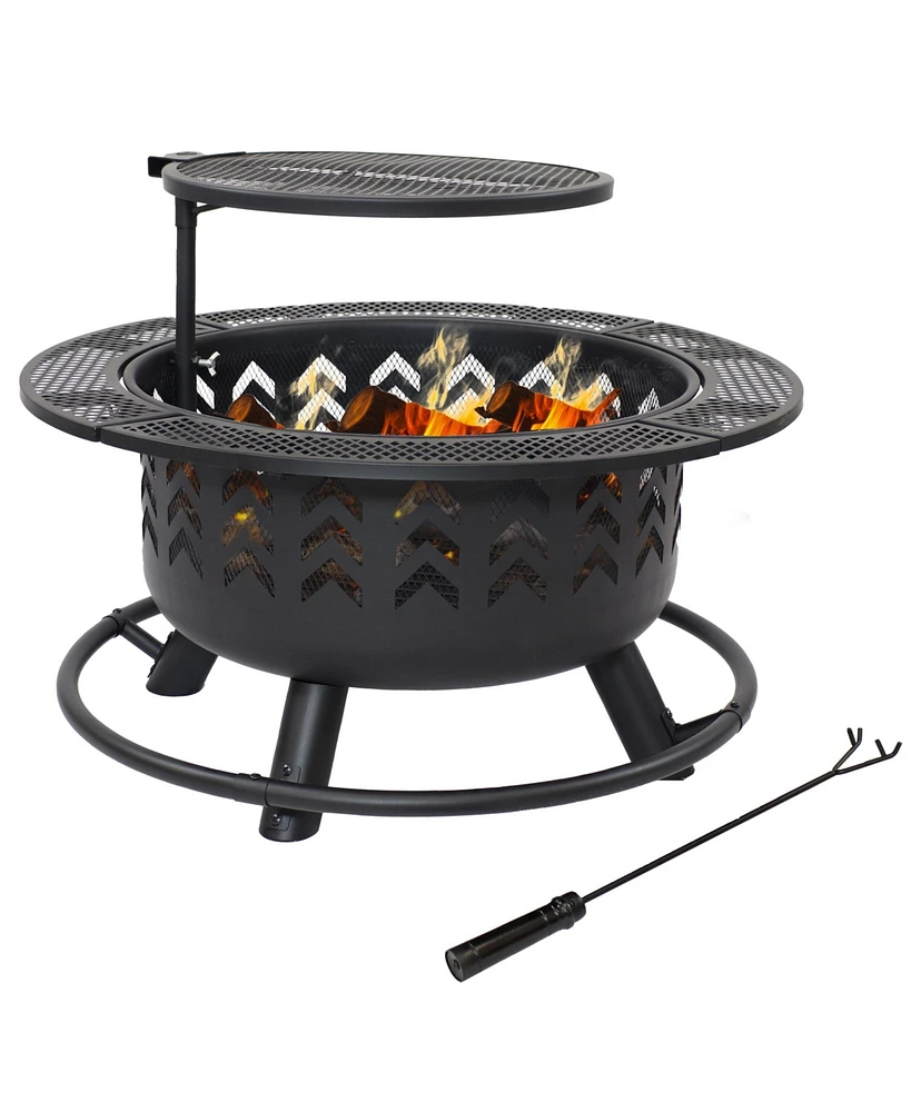 Sunnydaze Decor Arrow Motif 32.75-Inch Round Wood-Burning Fire Pit for Outside - Includes Cooking Grate and Cover - Black