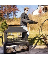 Sunnydaze Decor Backyard Blaze 35-Inch H Heavy-Duty Steel Outdoor Fireplace with Built-In Log Storage - Includes Protective Cover - Brushed Bronze