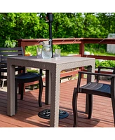 Plastic Square Patio Table with Umbrella Hole - Faux Woodgrain Top - Indoor or Outdoor Use - Champagne - 29.5" H