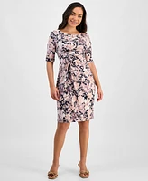Connected Petite Printed Short-Sleeve Faux-Wrap Sheath Dress