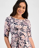 Connected Petite Printed Short-Sleeve Faux-Wrap Sheath Dress