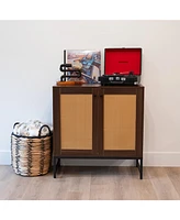 2-Door Rattan Storage Cabinet - Sideboard Buffet with Adjustable Shelf and Doors Light Oak Wood Look