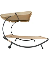 Outdoor Double Chaise Lounge Bed with Canopy and Headrest Pillow - Beige Fabric with Black Powder-Coated Steel Frame