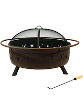 Sunnydaze Decor Cosmic 42-Inch Wood-Burning Steel Fire Pit with Round Spark Screen, Poker, and Built-In Grate - Rust Patina