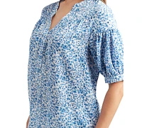 Bcx Juniors' Split-Neck Ditsy-Print Puffed-Sleeve Top