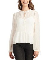 Bcx Juniors' Swiss-Dot Peplum-Hem Tie-Cuff Blouse