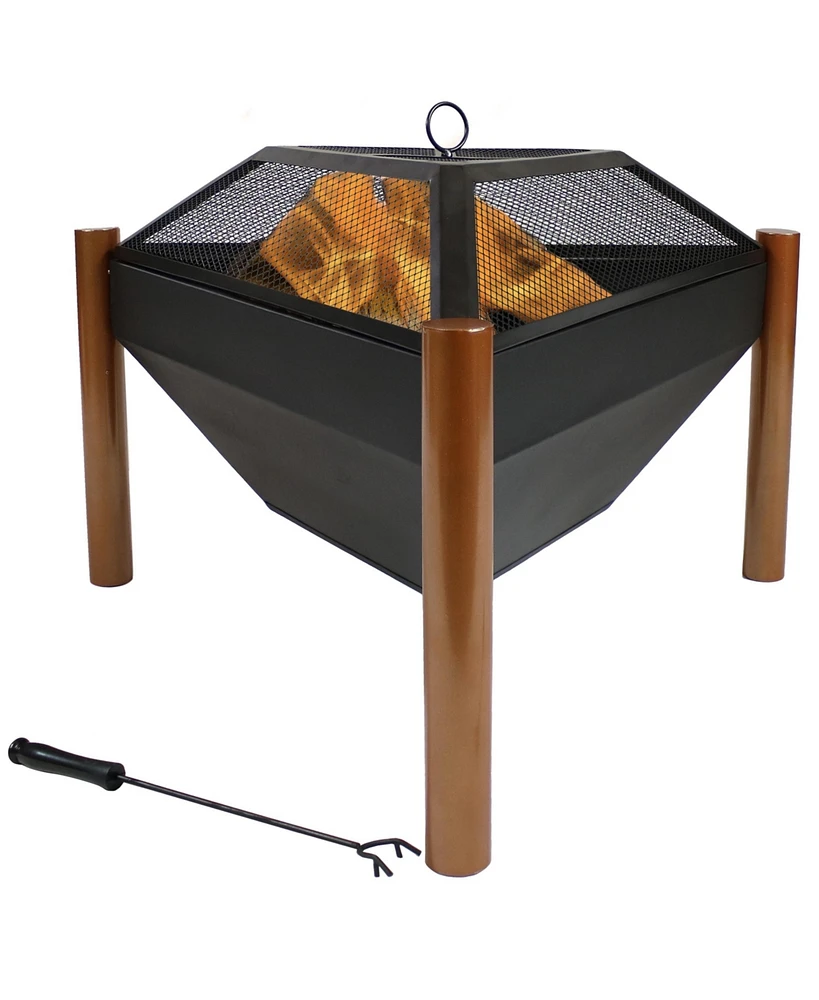 Sunnydaze Decor 31-Inch Steel Wood-Burning Triangle Fire Pit/Side Table - Log Grate, Poker and Spark Screen - Copper Finish