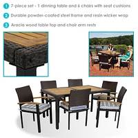 Carlow 7-Piece Rattan and Acacia Outdoor Dining Set - 1 Table 6 Chairs with Seat Cushions Stone Gray