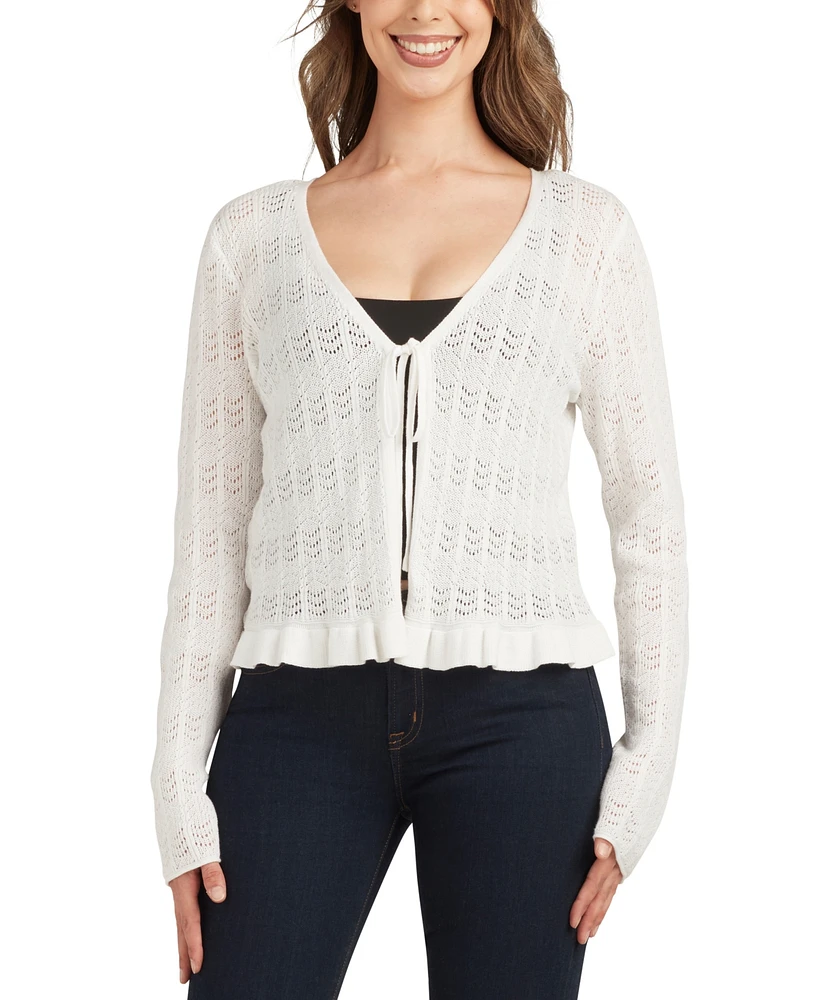 Bcx Juniors' Cotton Flyaway Ruffled-Hem Open-Stitch Cardigan