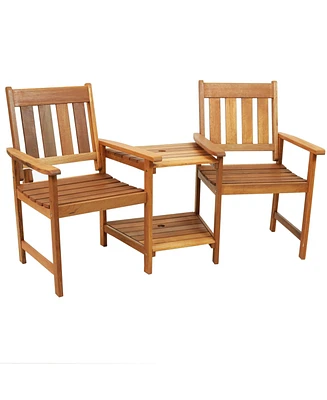 Sunnydaze Decor 65-Inch Meranti Wood Outdoor Tete-a-Tete Chair Set with Attached Table and Teak Oil Finish