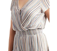 Bcx Juniors' Striped Surplice-Neck Short-Sleeve Jumpsuit