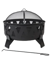 Sunnydaze Decor 25-Inch Steel Wood-Burning Fire Pit with Mesh Stripe Cutouts - Includes Poker and Spark Screen