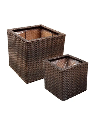 Sunnydaze Decor Polyrattan Square Indoor Planters Set - Includes 14-Inch and 11-Inch Modern Decorative Planter