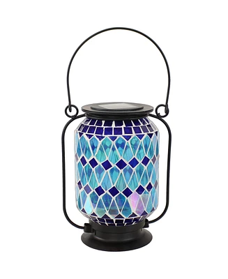 Sunnydaze Decor Cool Blue 8.5-Inch Mosaic Glass Solar Led Lantern - Blue, Green, and Purple Design - Tabletop/Pathway Light