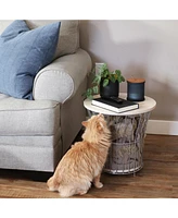 17.25-Inch H Modern Pedestal Wire Side Table with Faux Woodgrain Pull-Open Tabletop - Cream