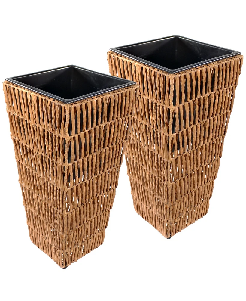 Hyacinth 11" Tall Square Outdoor Planter - Set of 2 Poly-Wicker Planters with Plastic Inlay Fog