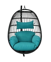 Sunnydaze Decor Dalia Resin Wicker Hanging Egg Chair with - Teal Polyester Cushions and Powder-Coated Steel Stand - 81 Inches H