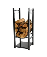 32 Inch Firewood Rack Outdoor with Hooks - Powder-Coated Steel- Indoor Fireplace Log Holder Bronze