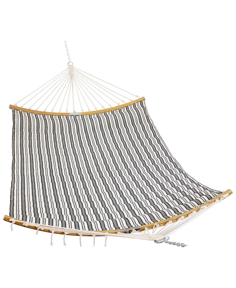 Sunnydaze Decor Polycotton Double Hammock with Curved Bamboo Foldable Spreader Bars - 450-Pound Weight Capacity - Neutral Stripe