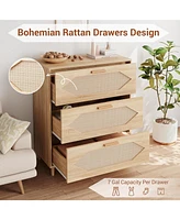 gaomon Dresser for Bedroom with 3 Drawers, Rattan Dresser with Spacious Storage, Modern Wooden Closet Dressers Chest of Drawers, Wood Nightstand for B
