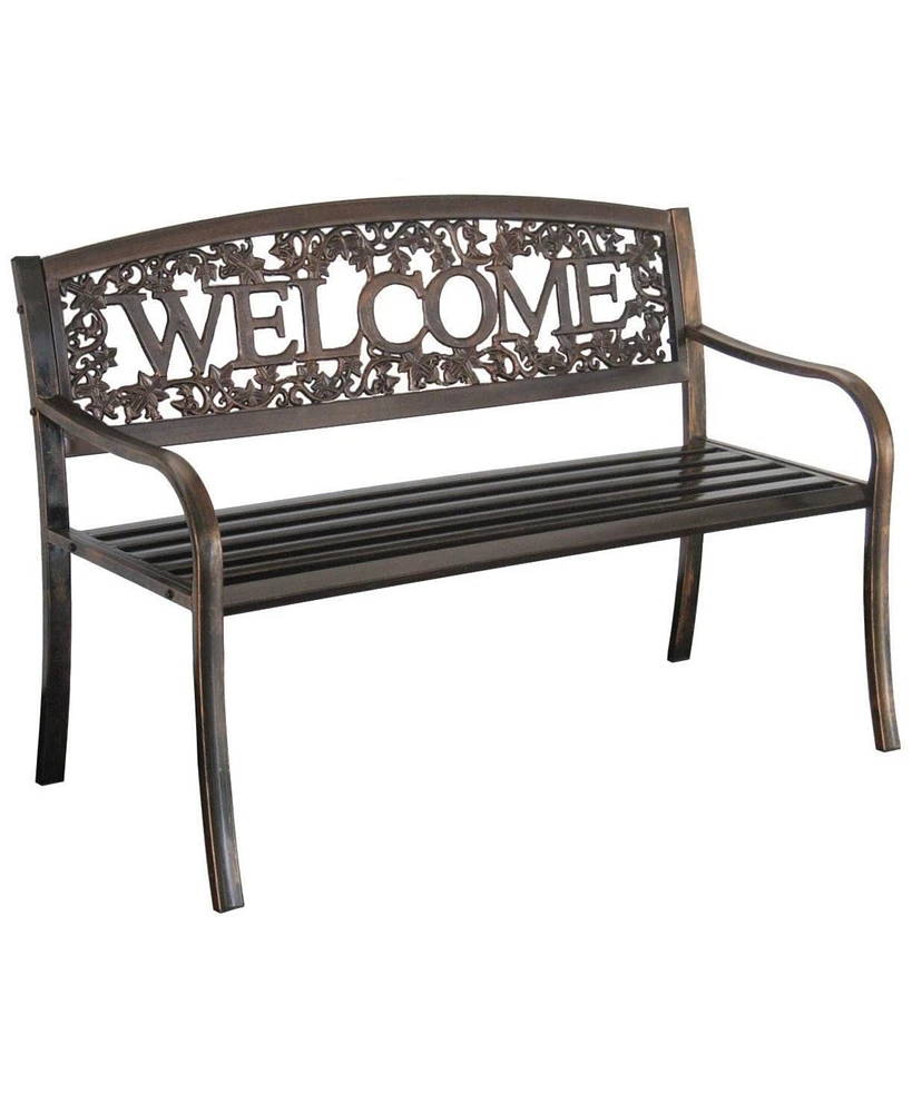 Slickblue Outdoor Weather Resistant Metal Garden Bench with Welcome Floral Back