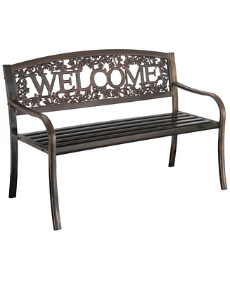 Slickblue Outdoor Weather Resistant Metal Garden Bench with Welcome Floral Back