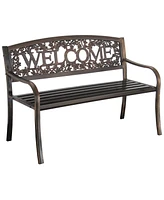 Slickblue Outdoor Weather Resistant Metal Garden Bench with Welcome Floral Back