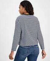 Nautica Jeans Women's Applique-Detail Striped Long-Sleeve Cotton Top