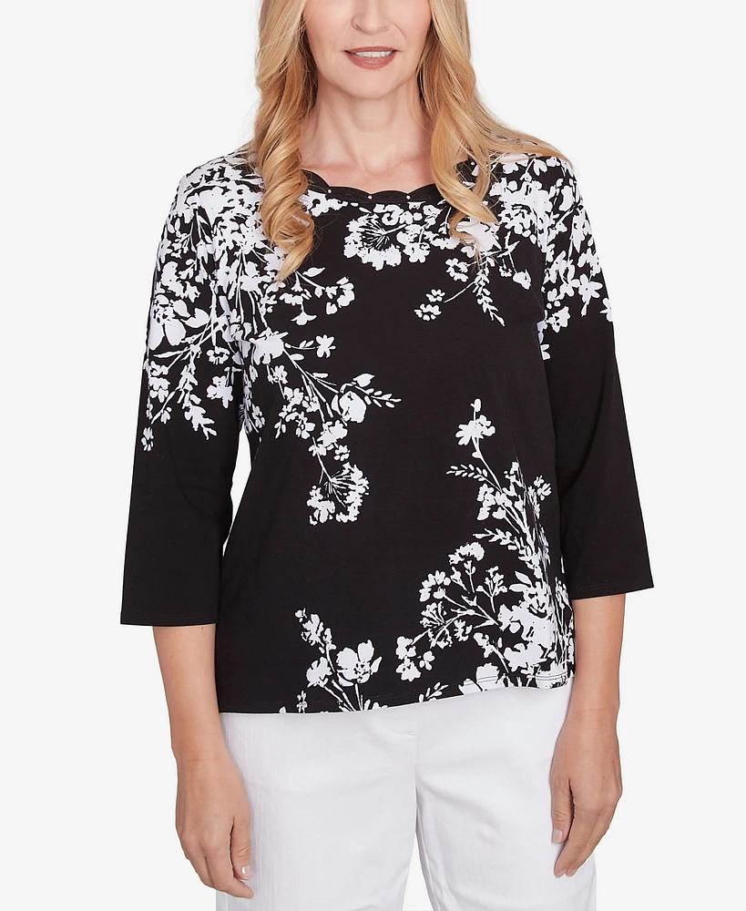 Alfred Dunner Women's Classic Asymmetric Floral Monotone Crewneck Top