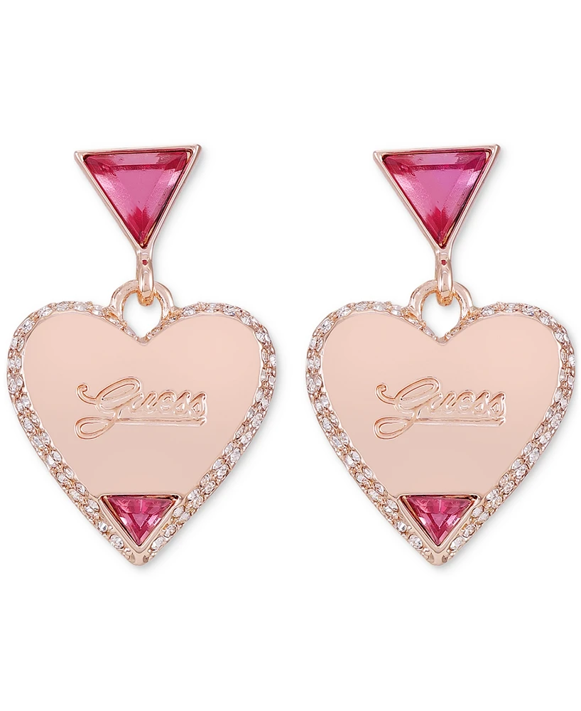 Guess Rose Gold-Tone Pink Stone Dangle Heart Drop Earrings