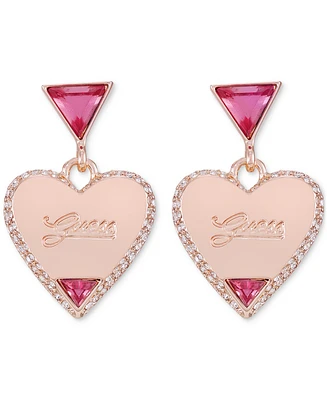 Guess Rose Gold-Tone Pink Stone Dangle Heart Drop Earrings