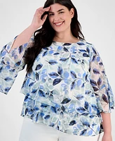 Alex Evenings Plus Floral Print Tiered Bell-Sleeve Blouse