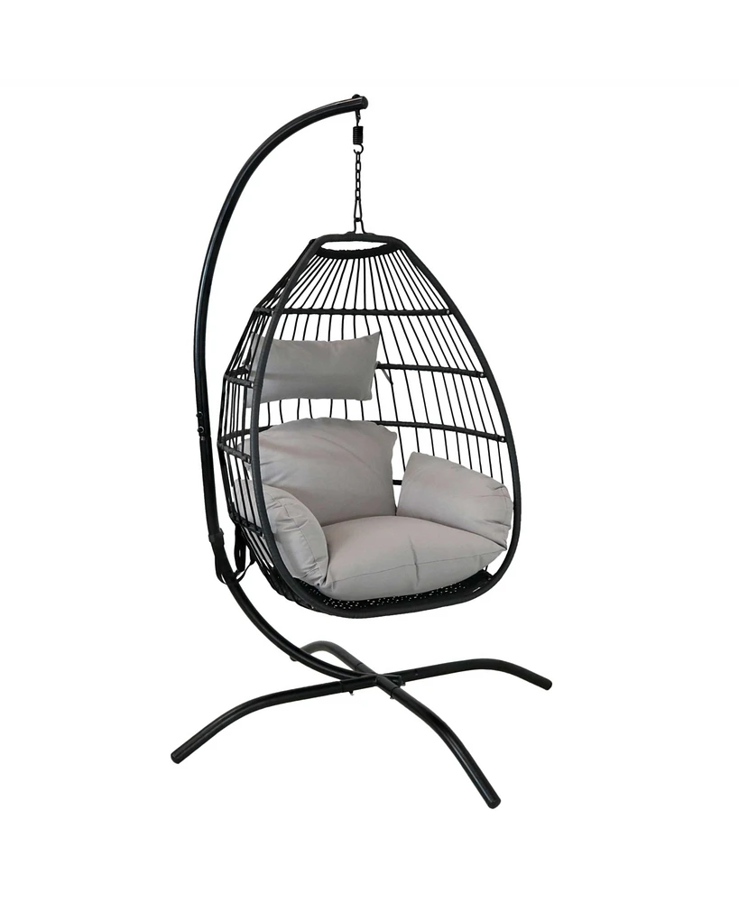 Sunnydaze Decor Delaney Black Resin Wicker Hanging Egg Chair with Powder-Coated Steel Stand - Gray Polyester Cushions - 81 Inches H