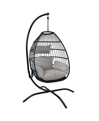 Sunnydaze Decor Delaney Black Resin Wicker Hanging Egg Chair with Powder-Coated Steel Stand - Gray Polyester Cushions - 81 Inches H