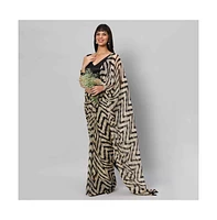 One Minute Saree Women's Maya Cream & Black Zigzag Georgette Ready to Wear Sari