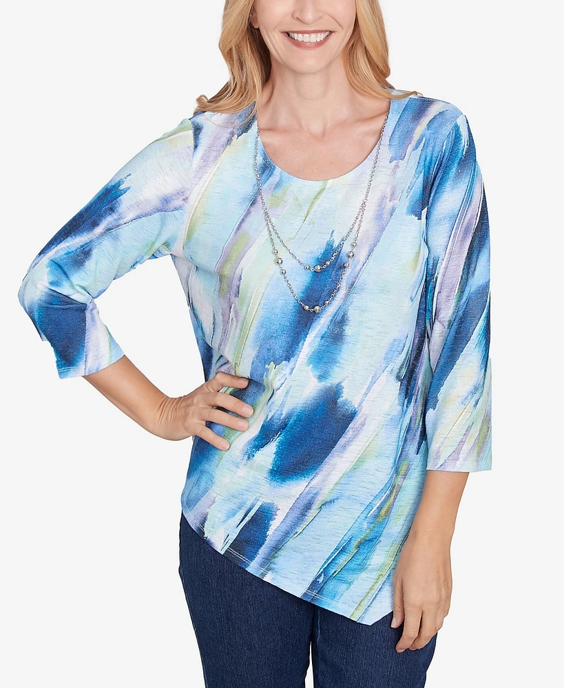 Alfred Dunner Petite Classics Diagonal Brushstroke Top with Necklace