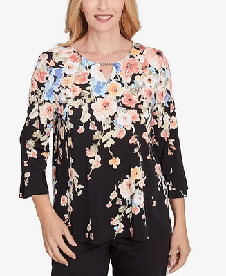 Alfred Dunner Petite Classics Falling Flower Beaded Split Neck Top