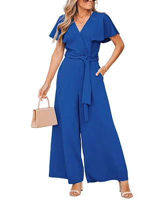 Cupshe Women's Flutter Sleeve V-Neck Tie-Waist Jumpsuit