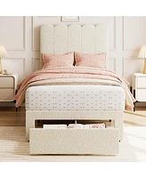 gaomon Twin Bed Frame with Under-Bed Drawer, White Boucle Upholstered Platform Bed